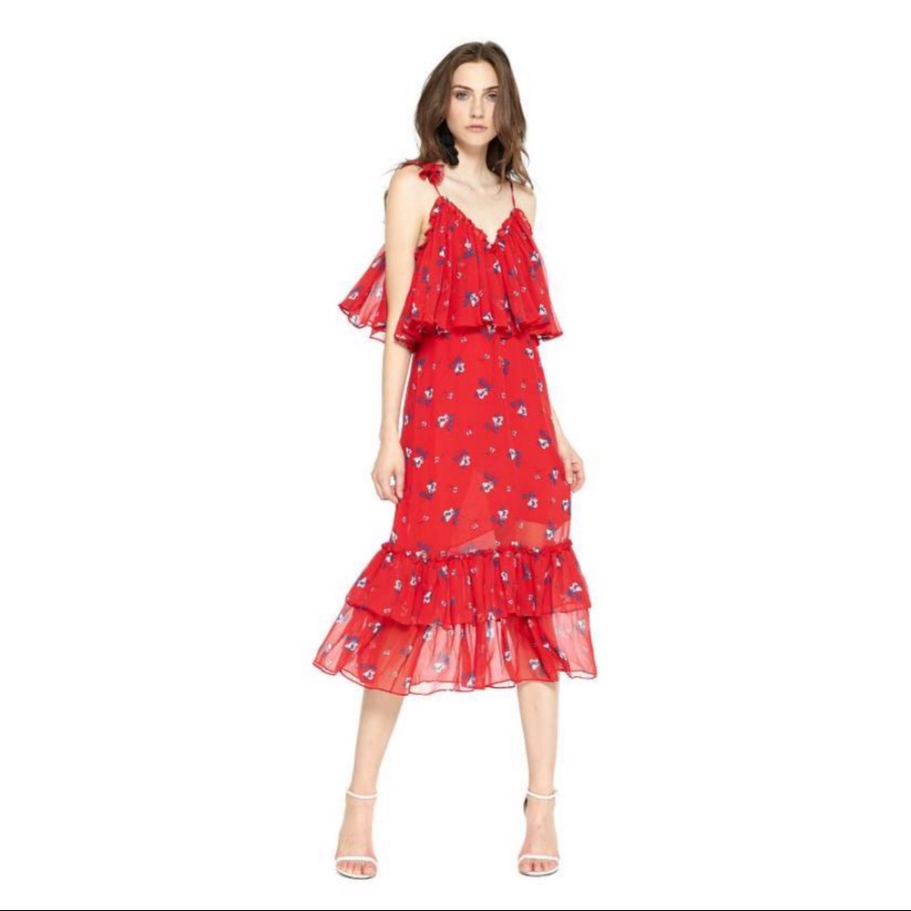 MISA LOS ANGELES RED FLORAL MIDI DRESS SIZE XS